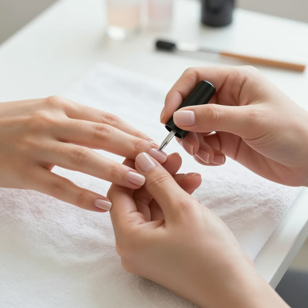 Manicure aplicando esmalte nude